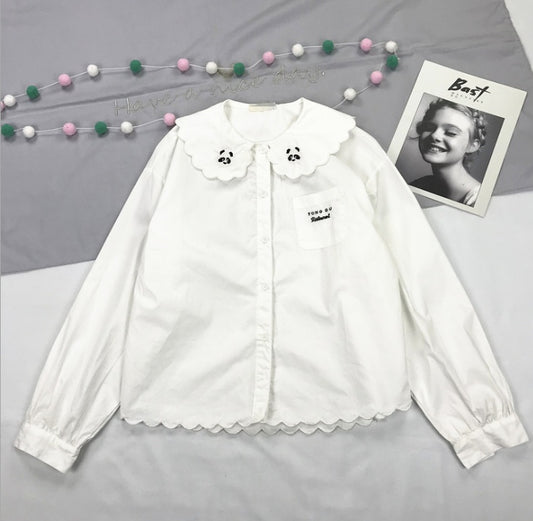 White sweet wind panda embroidery lace doll collar white base primer shirt female