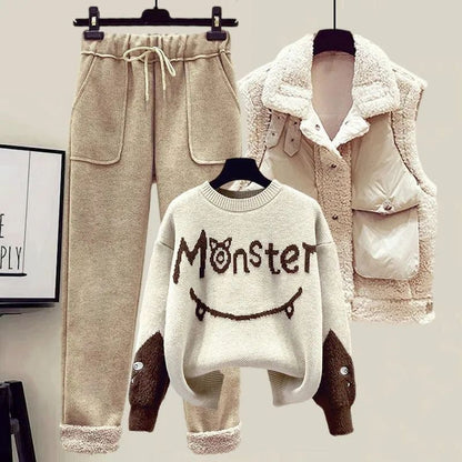 Women's Lamb Wool Vest Slimming Knitted Sweater Casual Pants Three-piece Suit