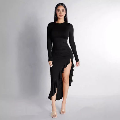 Round Neck Long Sleeve Slim Solid Color Frill Split Ruffled Dress