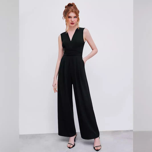 V-neck Wrap Zipper Wide Leg Jumpsuit