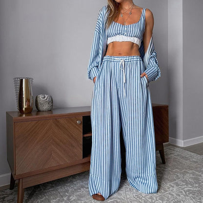 Blue Striped Printed Ladies' Homewear Vest Cardigan Trousers Three-piece Set