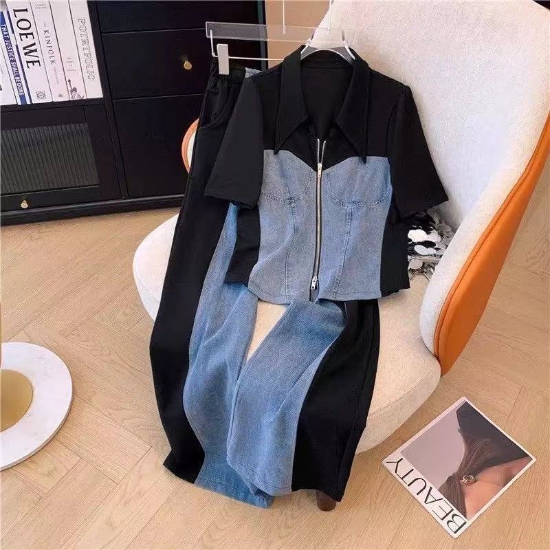 Lapel Denim Patchwork Top High Waist Casual Wide Leg Pants Suit