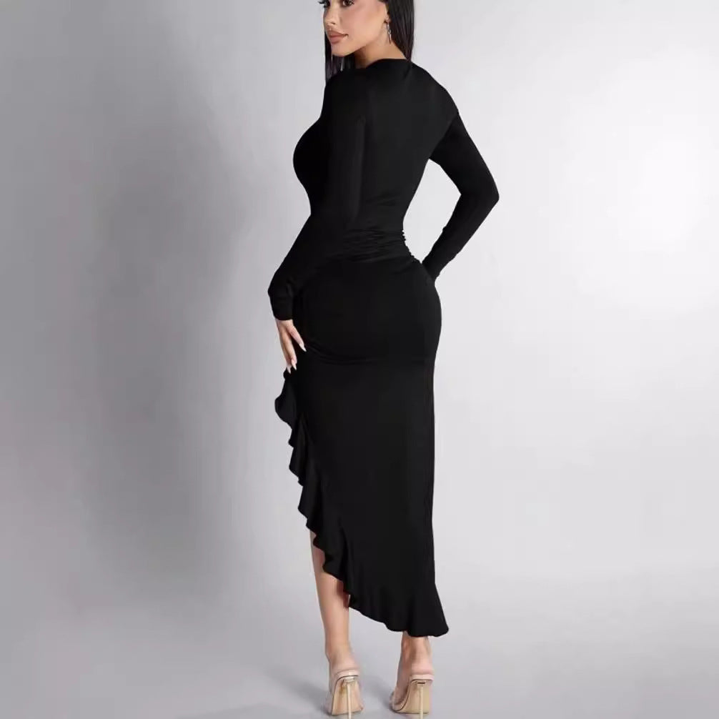 Round Neck Long Sleeve Slim Solid Color Frill Split Ruffled Dress