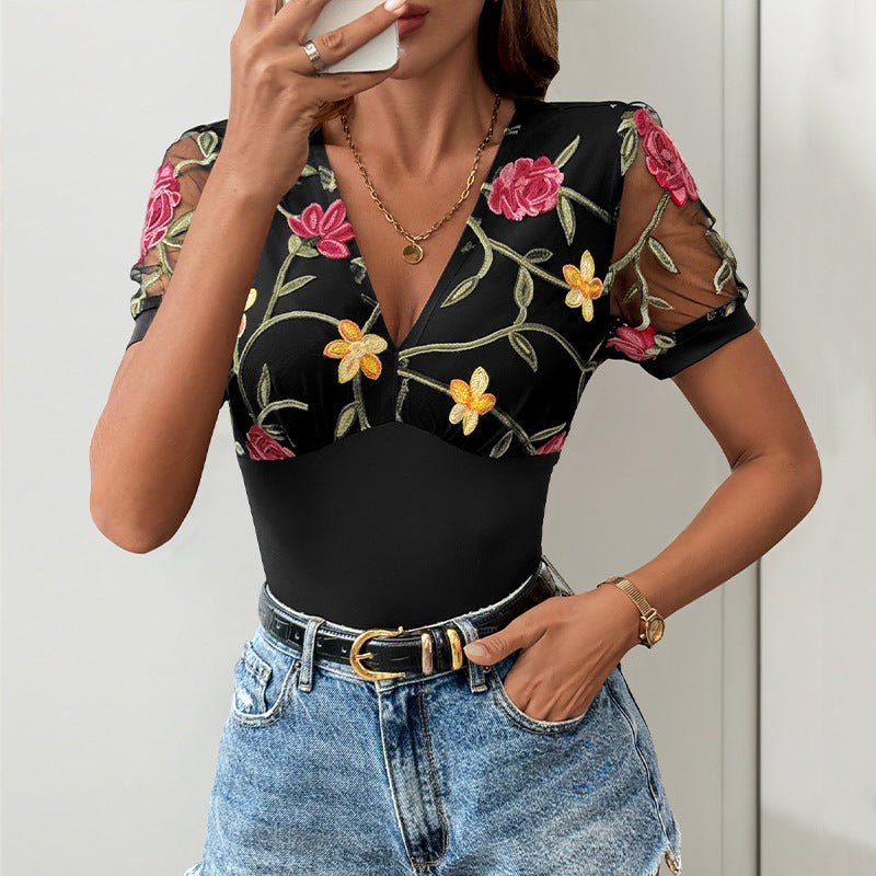 V-neck Mesh Stitching Jacquard Jumpsuit