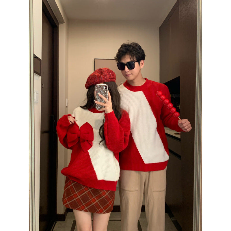 Design Red Bow Atmosphere Color Matching Sweater