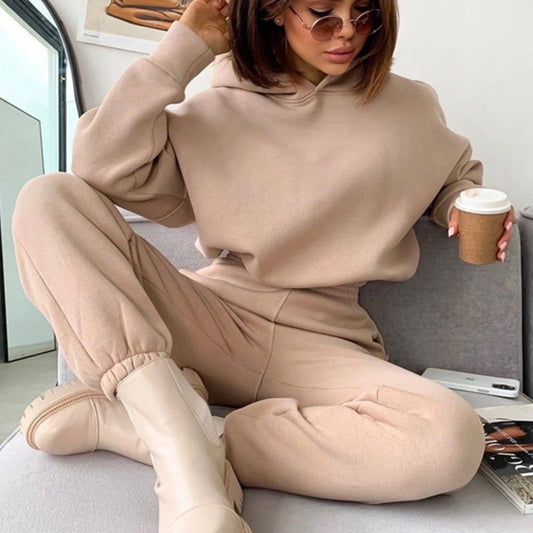 Casual Sports Solid Color Hooded Sweater Set