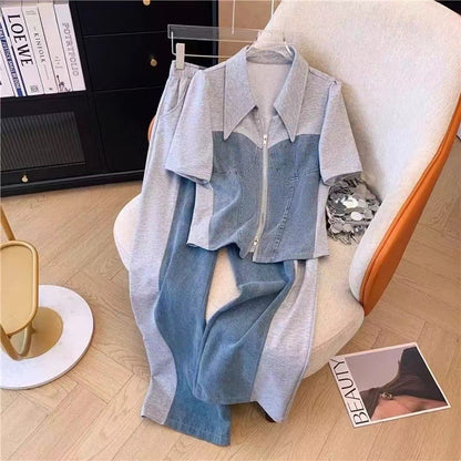 Lapel Denim Patchwork Top High Waist Casual Wide Leg Pants Suit