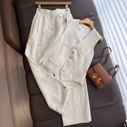 Fashionable Temperament Cotton And Linen Suit Vest Wide Leg Pants Two-piece Set