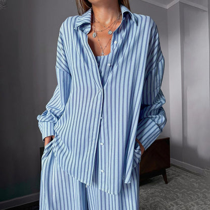 Blue Striped Printed Ladies' Homewear Vest Cardigan Trousers Three-piece Set