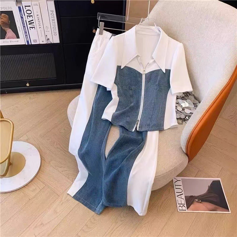 Lapel Denim Patchwork Top High Waist Casual Wide Leg Pants Suit