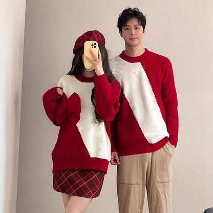 Design Red Bow Atmosphere Color Matching Sweater