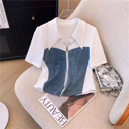 Lapel Denim Patchwork Top High Waist Casual Wide Leg Pants Suit